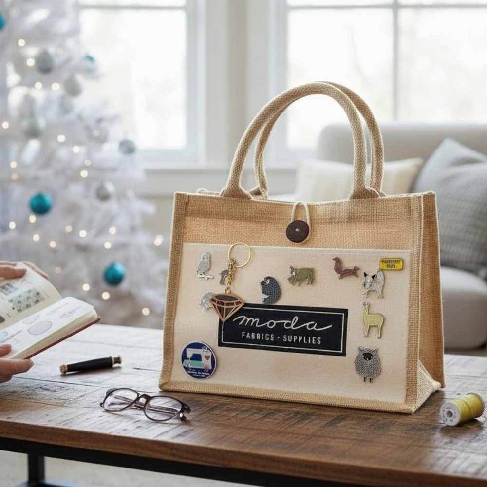 Moda Fabrics + Supplies Jute Tote with Collectable Pins